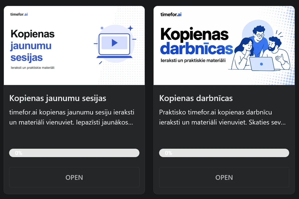 Ierakstu sadaļa timefor.ai portālā