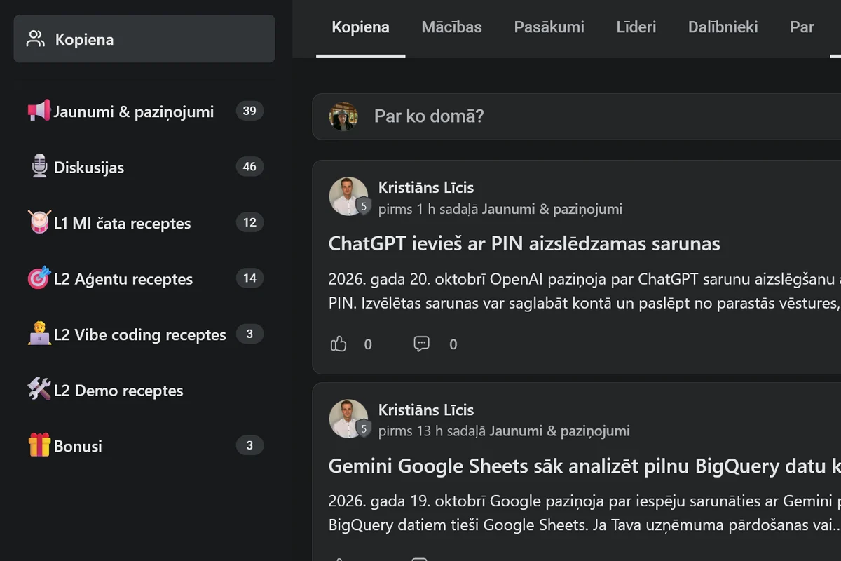 Kopienas sadaļa timefor.ai portālā